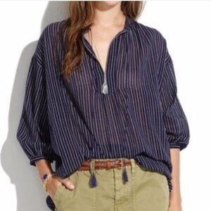 Madewell | 100% Cotton Openview Tunic Navy Striped Oversized Tassel Top | XS